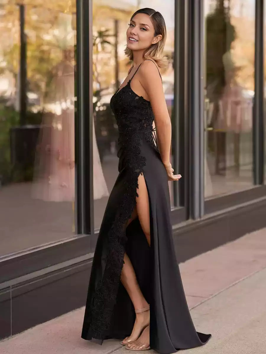 Luxurious satin slim fit V-neck sleeveless slit with floor decals and beaded lace up back Prom Dresses
