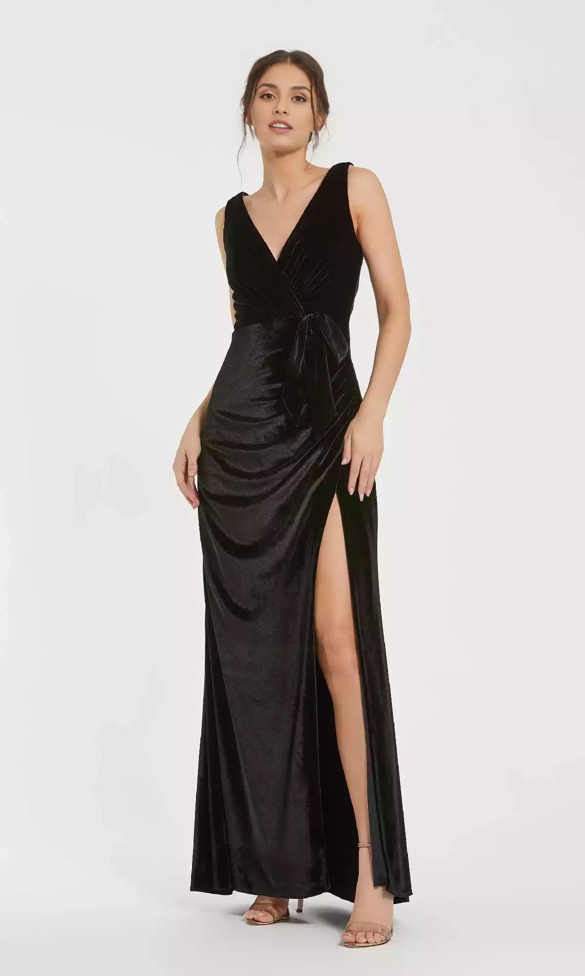 Luxurious velvet imitation wrap style waist strap, slim shoulder strap, deep V-fold, high slit adds sexy charm Prom Dresses