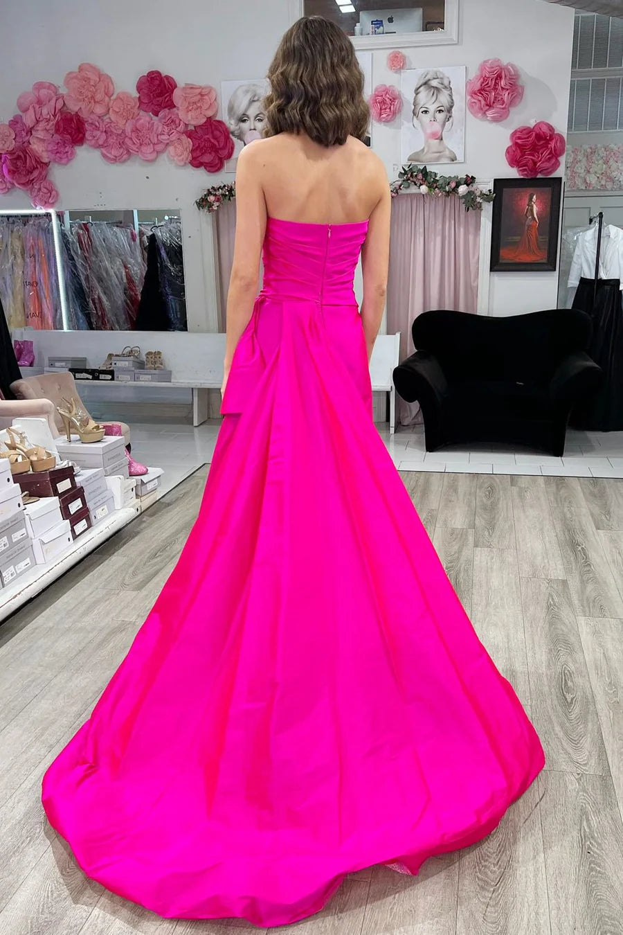 Minimalist Strapless Ruched Maxi Dress with Attached Train ﻿