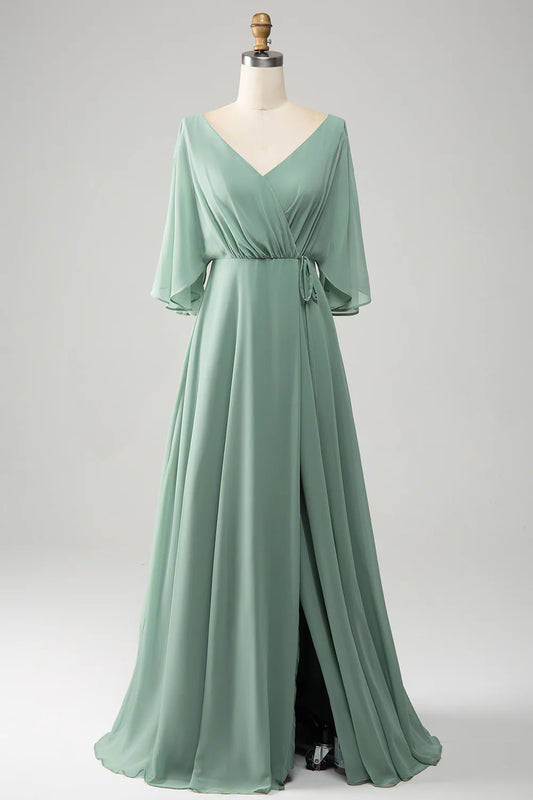 A Line V Neck Pleated Long Chiffon Bridesmaid Dress with Slit
