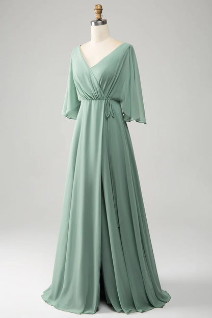 A Line V Neck Pleated Long Chiffon Bridesmaid Dress with Slit