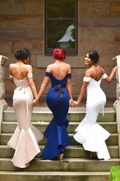 Elegant Mermaid Satin Off Shoulder Sweetheart Off Back High and Low Bridesmaid Dress