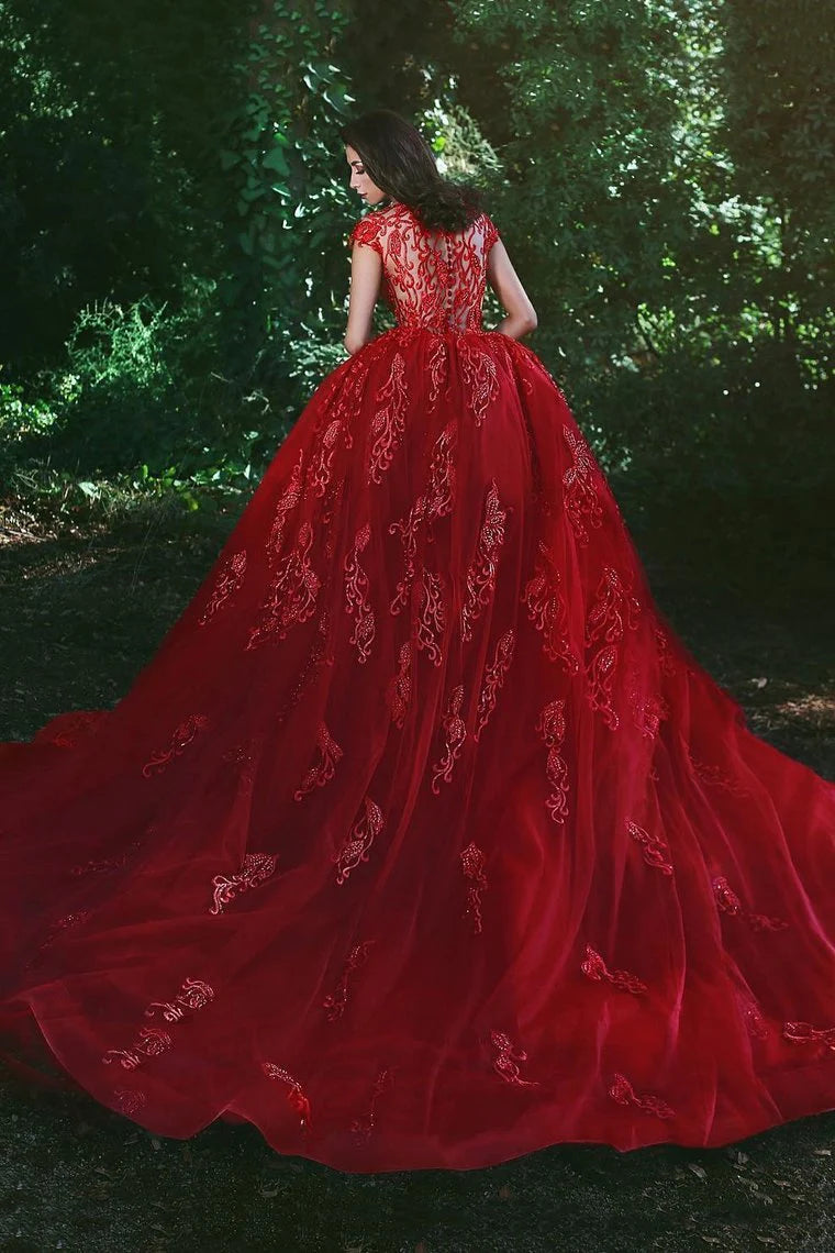 High end red elegant thin gauze hat sleeve dance dress adorned with stickers and beads