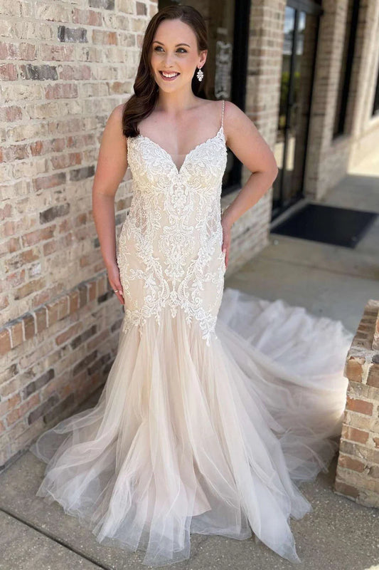 Elegant and beautiful mermaid thin shoulder strap thin gauze sticker wedding dress