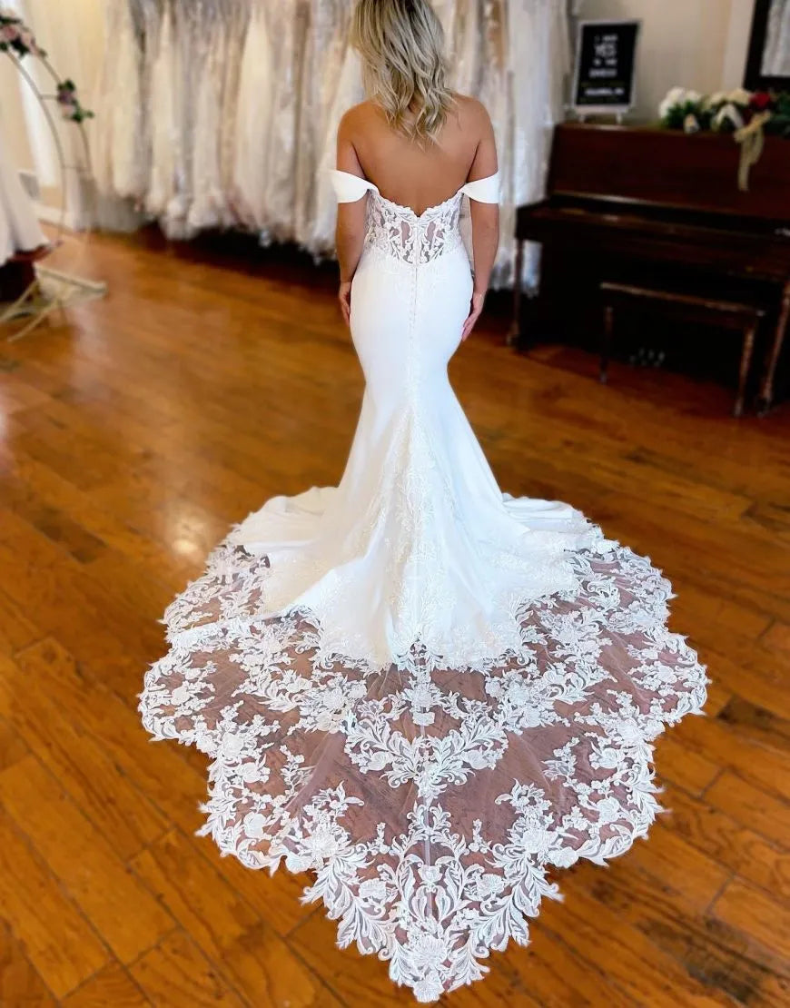 Mermaid sexy off shoulder chapel dress decorated with stickers