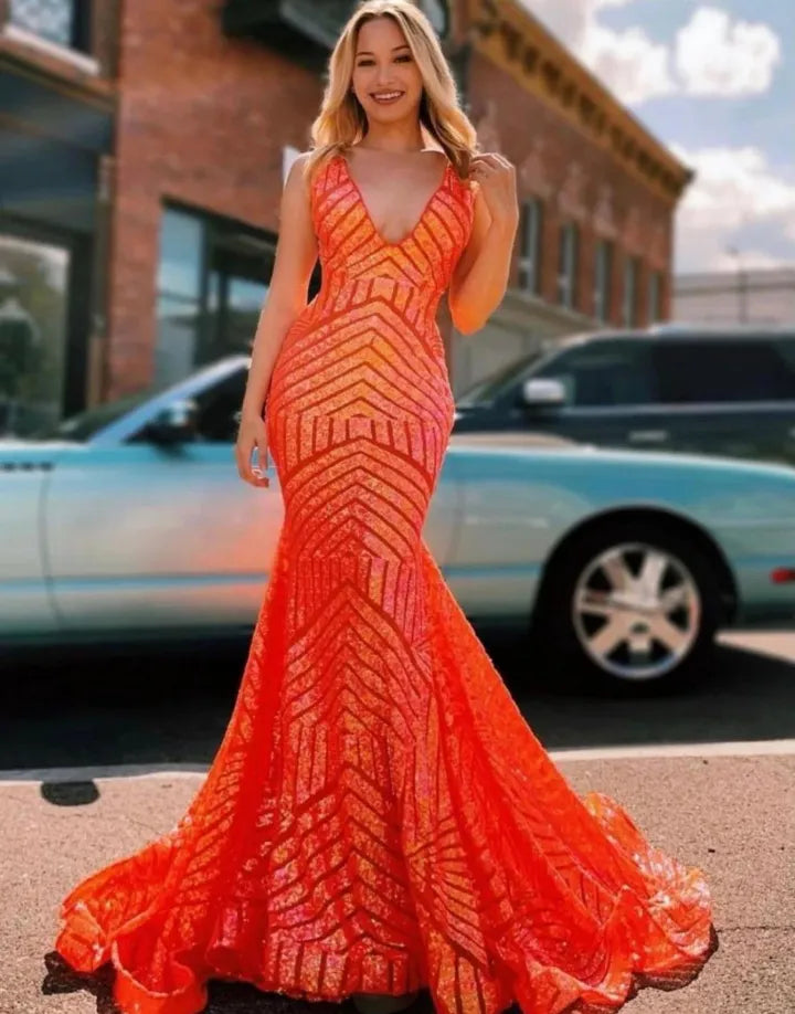 Sexy elegant slim fit mermaid sequin mesh ball dress