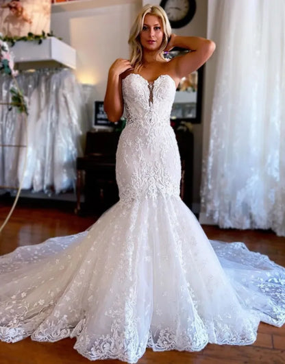 Elegant mermaid, sweet palace train wedding dress, detachable sleeves