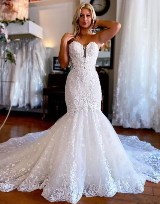 Elegant mermaid, sweet palace train wedding dress, detachable sleeves
