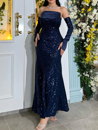 Off-Shoulder Sequin Mermaid Prom Dress with Satin Contrast, Detachable Long Gloves & Fitted Train Evening Gown