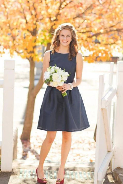 Deep blue sleeveless knee length satin short bridesmaid dress mini A-line skirt