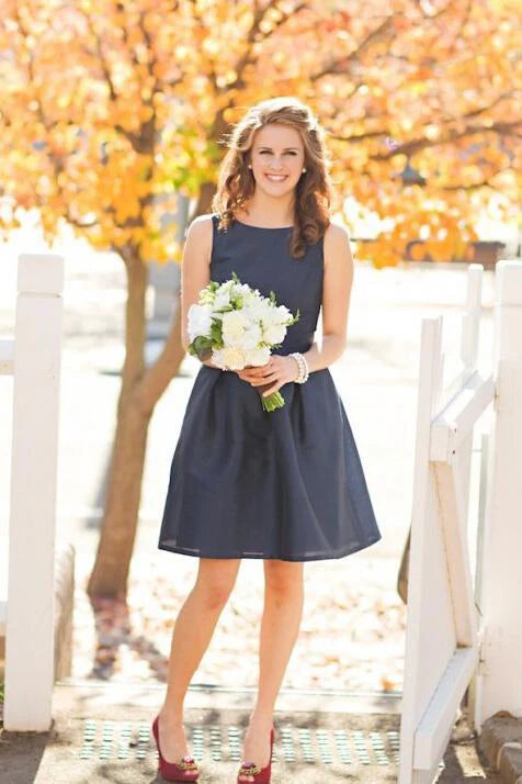 Deep blue sleeveless knee length satin short bridesmaid dress mini A-line skirt