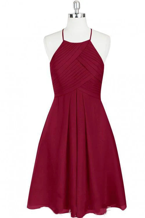 Mini cute off the shoulder wine red chiffon knee length bridesmaid short dress ball dress