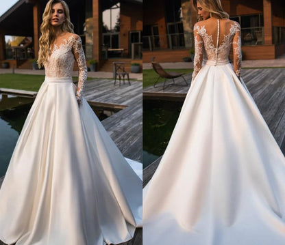 Moderate height long sleeved satin lace long wedding dress