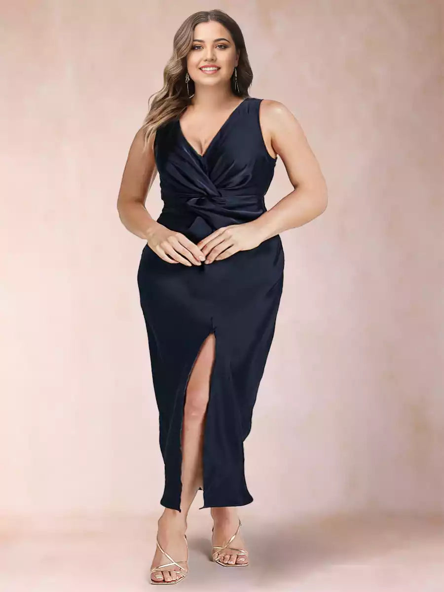 Mother of the Bride Dresses with a charming slim fit/straight V-neck pleat and ankle sized side slit