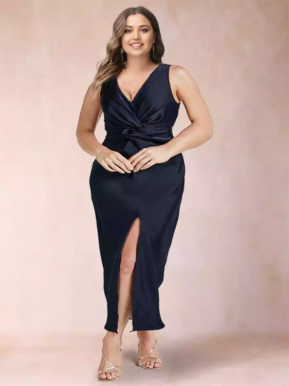 Mother of the Bride Dresses with a charming slim fit/straight V-neck pleat and ankle sized side slit