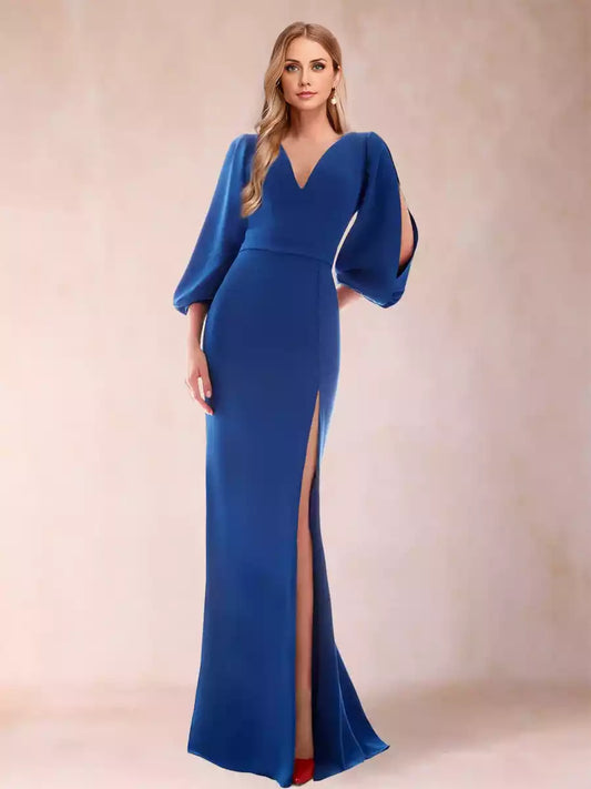 Mother of the Bride Dresses with a charming slim fit/straight V-neck seven quarter sleeve and floor length side slit