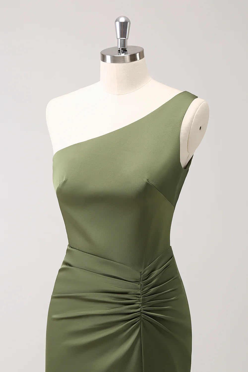 Olive Mermaid One Shoulder Pleated Backless Bridesmaid Dress with Slit