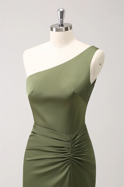 Olive Mermaid One Shoulder Pleated Backless Bridesmaid Dress with Slit