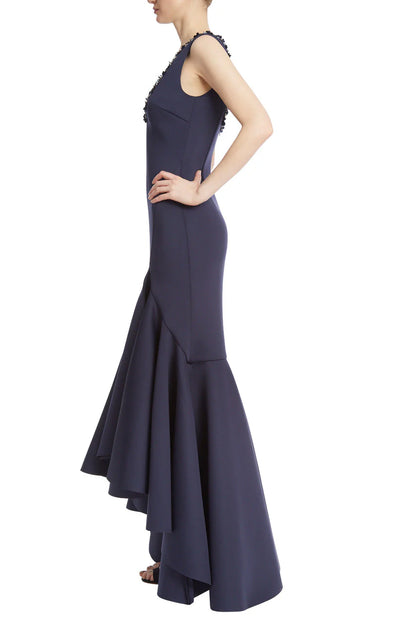 Beaded scoop neck sleeveless bodycon zipper closure slit front ruffled trumpet Prom Dresses