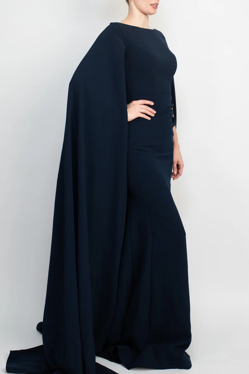 Jovani boat neck cape evening with zipper closure crepe Prom Dresses ﻿
