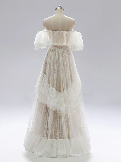 Champagne A line lace long prom dress lace prom dress