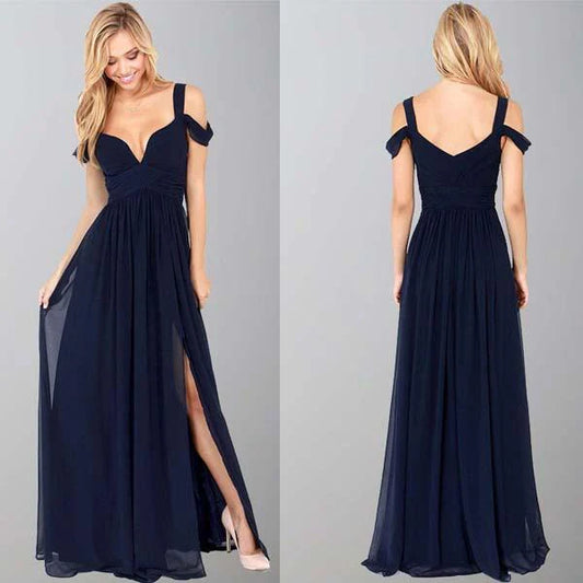 Blue off shoulder long chiffon formal dress with sleeves, dignified bridesmaid dress