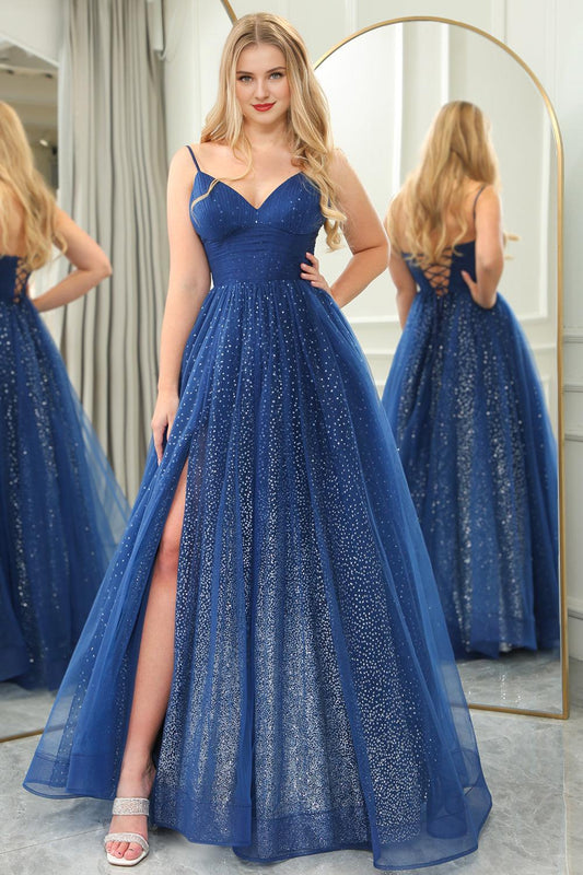 A-Line Spaghetti Straps Lace Up Long Glitter Prom Dress