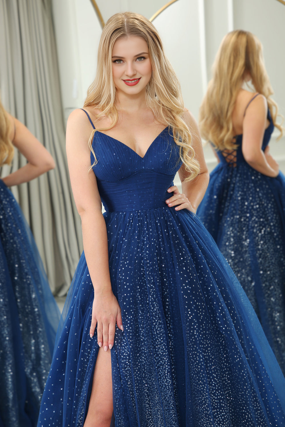 A-Line Spaghetti Straps Lace Up Long Glitter Prom Dress