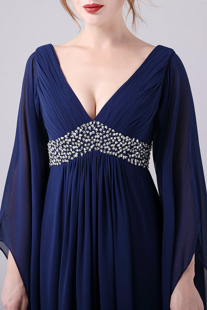 A-Line V-Neck Chiffon Pleated Long Mother Of the Bride Dress Long Sleeves