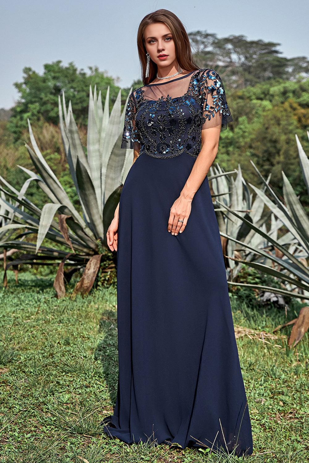 Sheath Round Neck Appliques Sequin Floor Length Dress