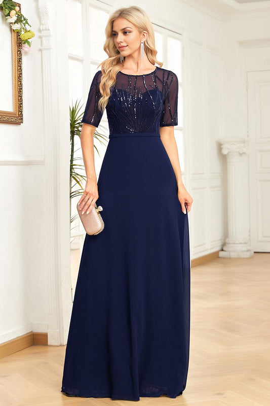 Navy A Line Round Neck Sequin Mother of the Bride Dress with Short Sleeves