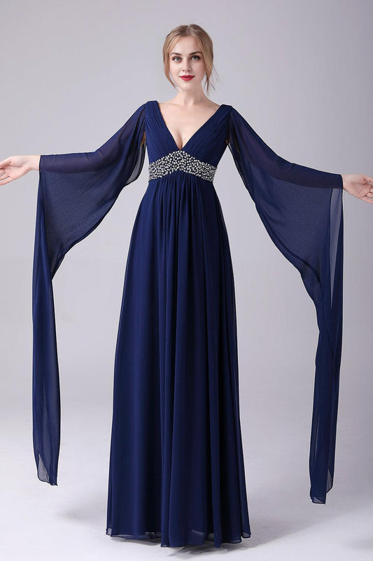 A-Line V-Neck Chiffon Pleated Long Mother Of the Bride Dress Long Sleeves