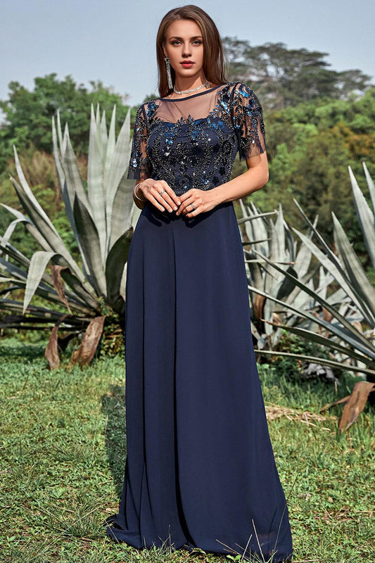 Sheath Round Neck Appliques Sequin Floor Length Dress