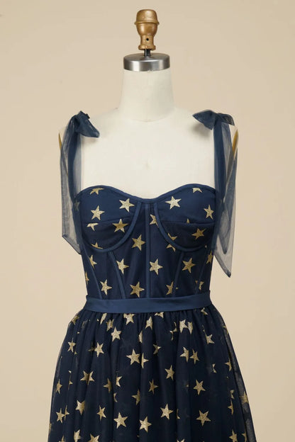 Navy blue A-line brown long party cocktail ball dress with star pattern