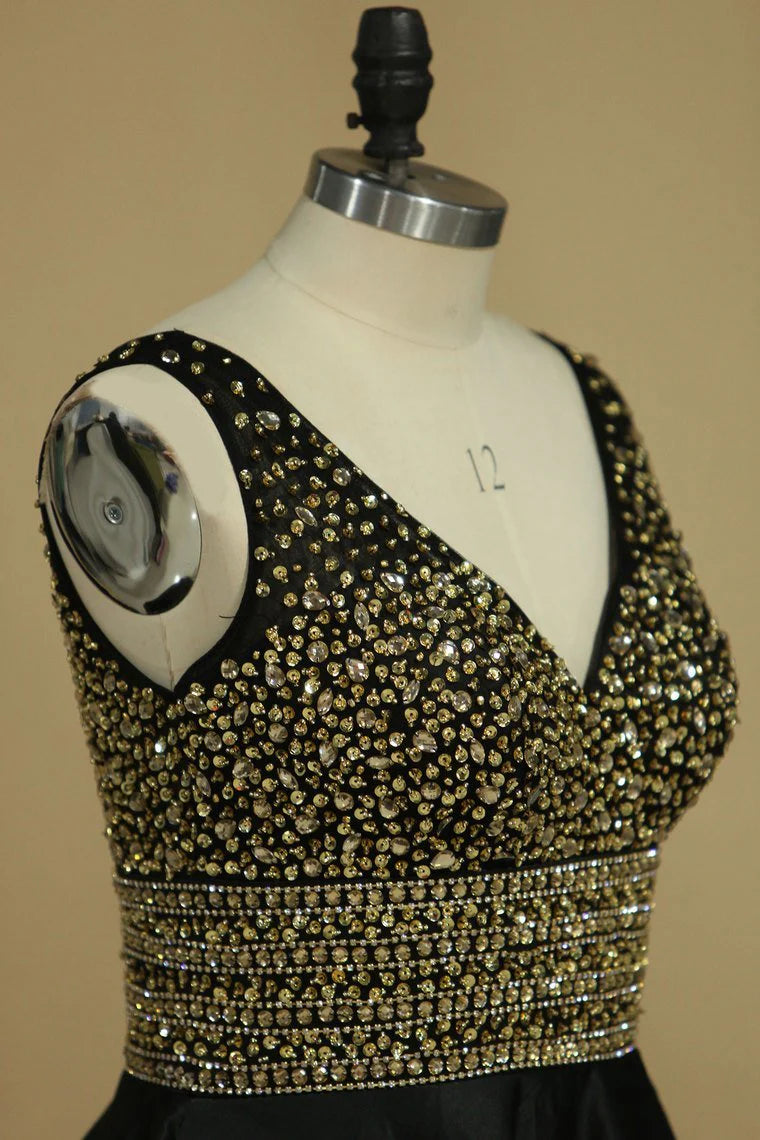New A-line V-neck Party Dress Satin with Beads and rhinestones