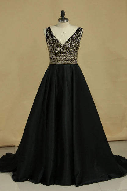 New A-line V-neck Party Dress Satin with Beads and rhinestones