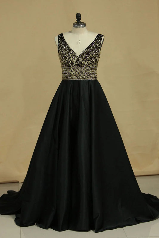 New A-line V-neck Party Dress Satin with Beads and rhinestones