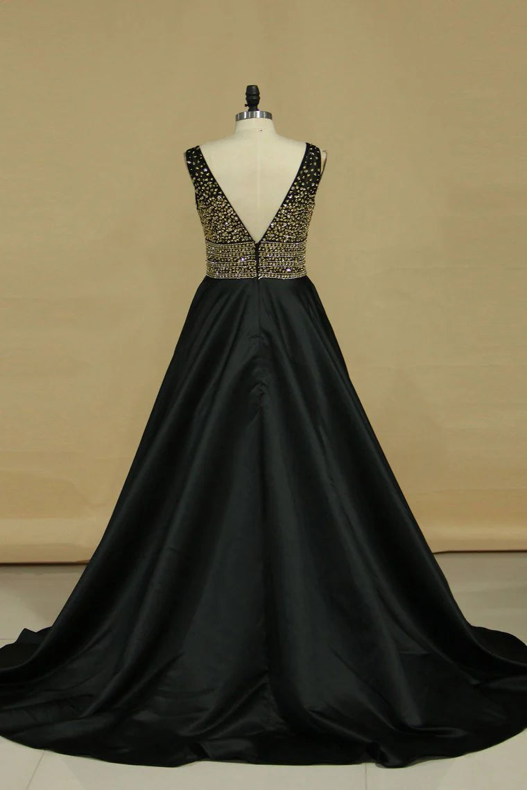 New A-line V-neck Party Dress Satin with Beads and rhinestones