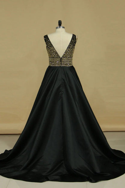 New A-line V-neck Party Dress Satin with Beads and rhinestones
