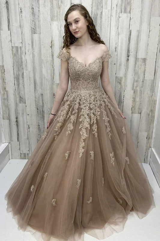 New Elegant Champagne Ball Dress A-line Off Shoulder Tulle Decoration
