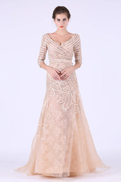New formal dress V-neck 3/4 long sleeved organza with beads