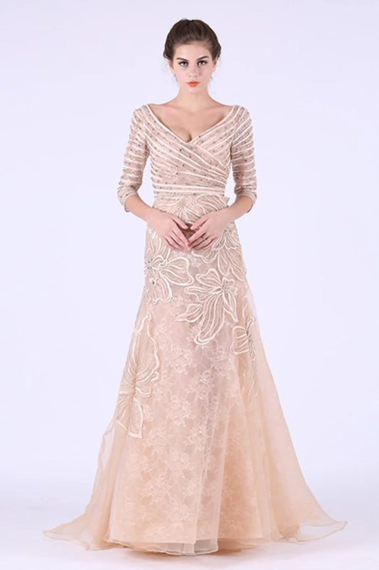 New formal dress V-neck 3/4 long sleeved organza with beads