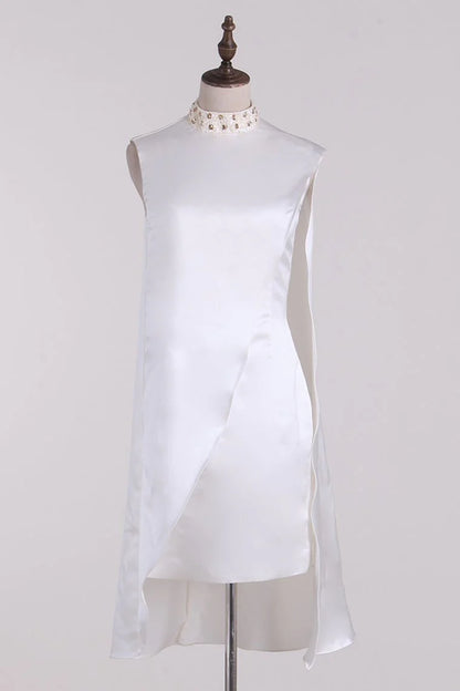 New Elegant High Neck Satin Beaded Dress