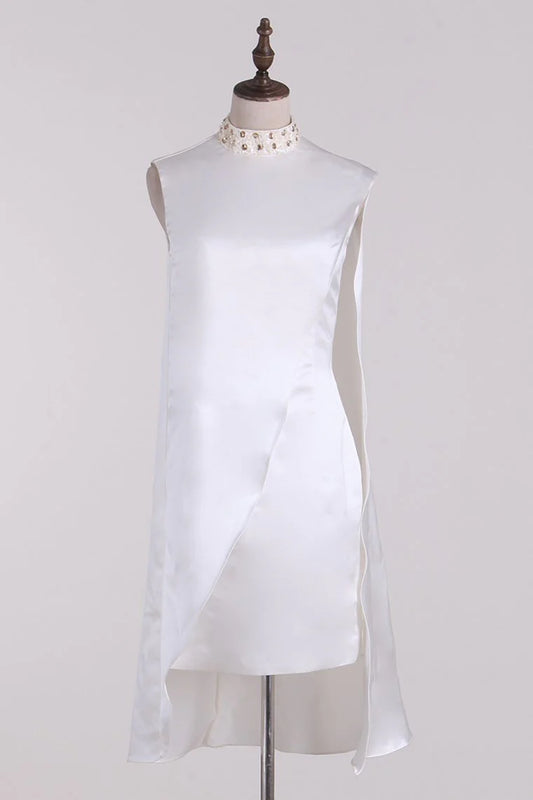 New Elegant High Neck Satin Beaded Dress