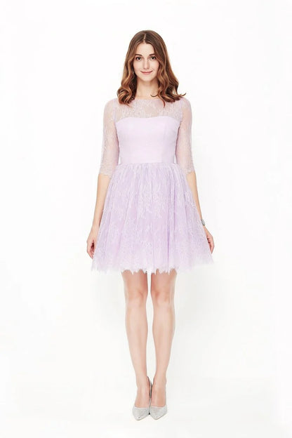 New Back to School Party Dress A-line Skirt Curved Long sleeved Lace Dress
