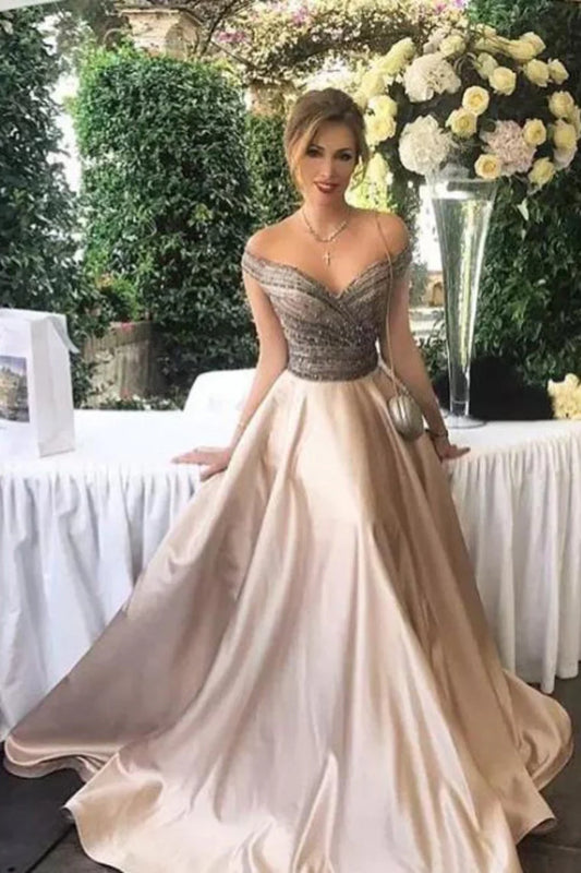 New sexy off the shoulder ball dress with beaded lines and tight satin finish