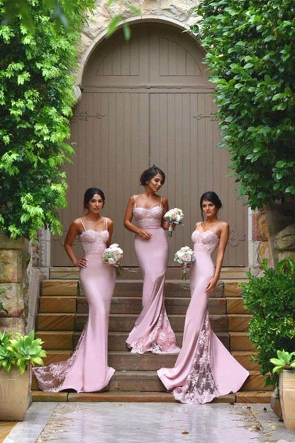 New Pink Italian Noodle Strap Lace High Quality Mermaid Long Bridesmaid Dress