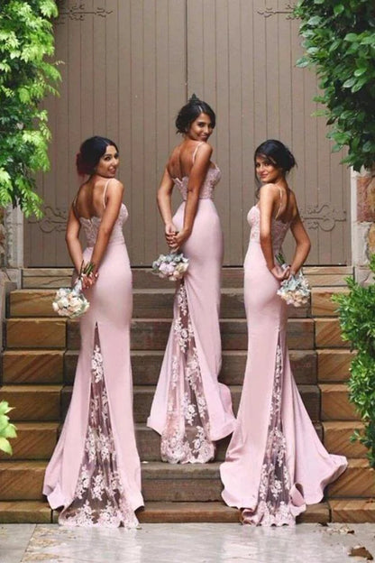 New Pink Italian Noodle Strap Lace High Quality Mermaid Long Bridesmaid Dress