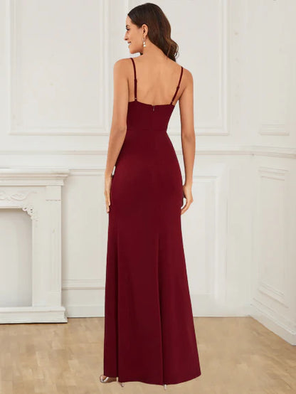 New ball evening gown with tight fitting thin shoulder straps and spandex slit