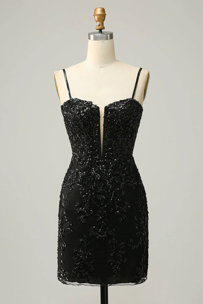 New thin shoulder strap hollowed out sequin lace back to school party dress